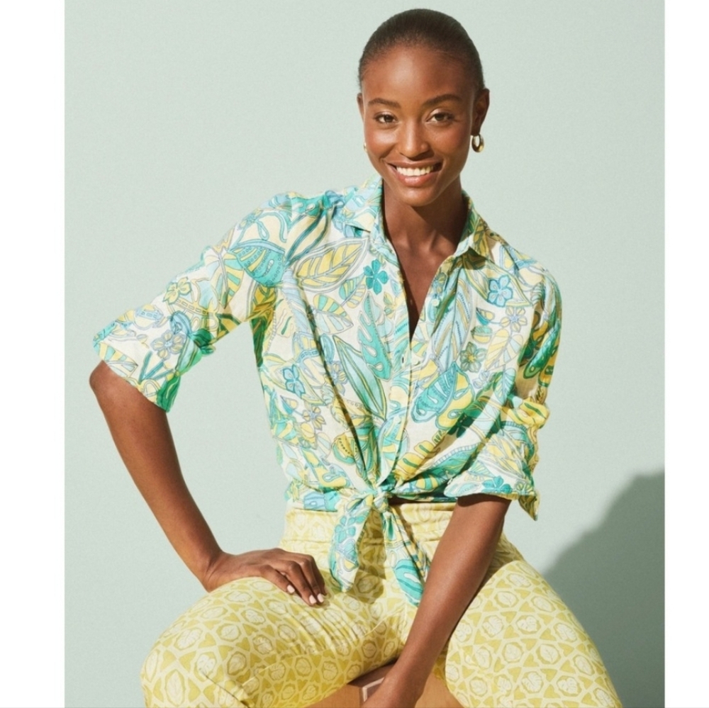 J McLaughlin Women’s Linen Shirt Aqua Yellow Tropical Print Button Down XS $188